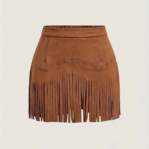 VIWORLD Western Fringe Mini Skirt - A-Line Denim Style with Decorative Button Details For Summer Light Brwon，XS