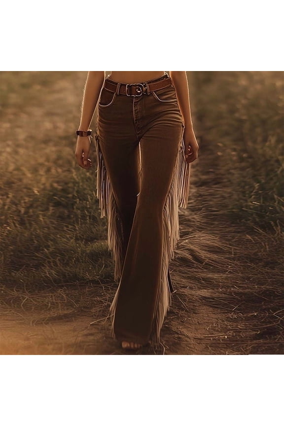 Western Solid Color Pants: Women's Flare Leg Trousers with Side Fringe Detail for Stylish Vacation Wear Light Brown,L