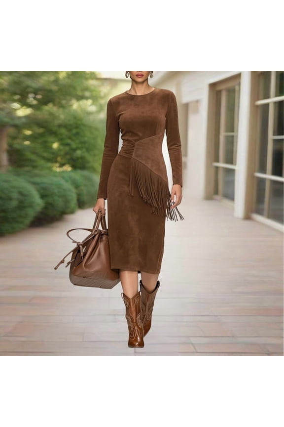 Western Sunset Gown: Women's Faux Suede Long Sleeve Maxi Dress with Waist Boho Fringe & Ruffle Detail Brown,S