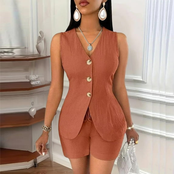 VIWORLD Women's 2-Piece Sleeveless Vest Shorts Set V-Neck Button Down Casual Matching Suit Summer Outfit Brown,M