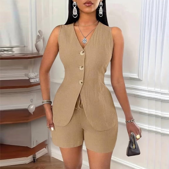 VIWORLD Women's 2-Piece Sleeveless Vest Shorts Set V-Neck Button Down Casual Matching Suit Summer Outfit Dark Khaki，XL