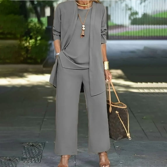 VIWORLD Women's 3-Piece Solid Color Plus Size Casual Outfit Open Cardigan Vest & Pants Lounge Set Gray,3XL
