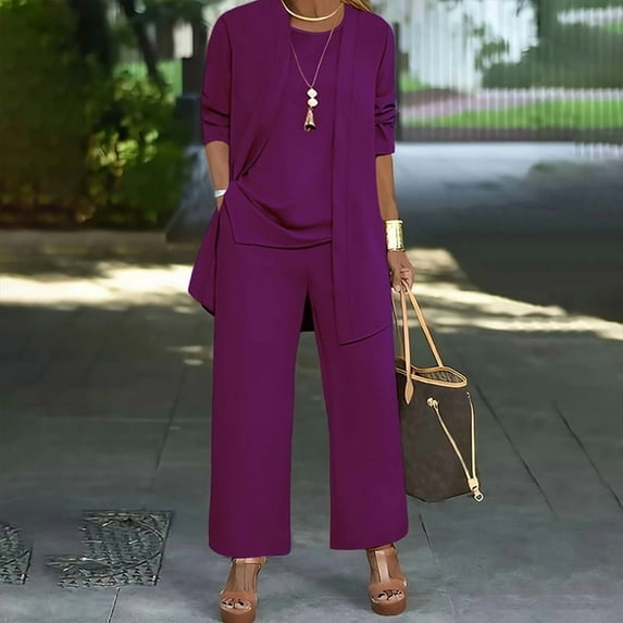 VIWORLD Women's 3-Piece Solid Color Plus Size Casual Outfit Open Cardigan Vest & Pants Lounge Set Purple red,3XL