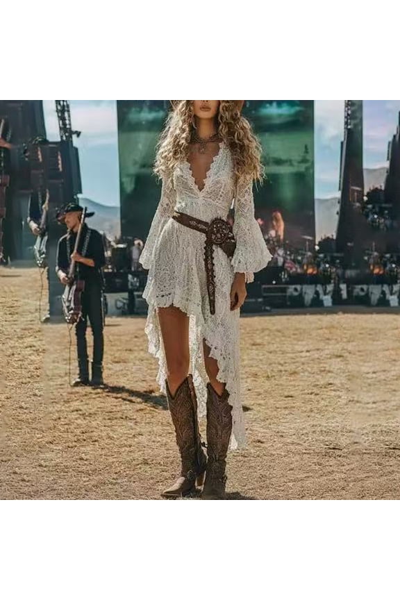 Women's Bohemian Lace Trim Deep V-Neck Asymmetrical Hem Long Sleeve Vintage Western Style Dress White，M