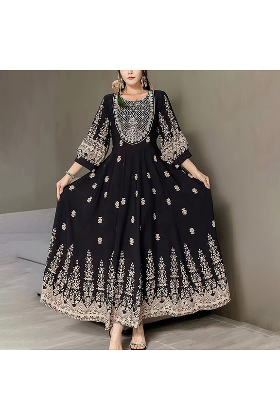 Women's Bohemian Maxi Dress - Middle Eastern Inspired Square Neck Embroidered Kaftan Dress with 3/4 Sleeves Black,S