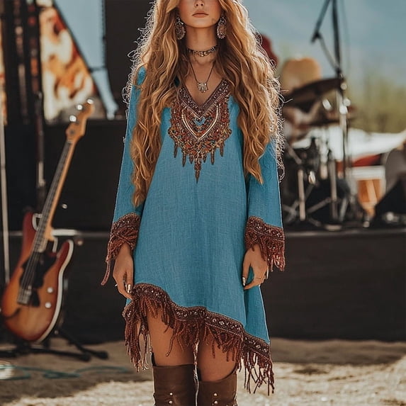 VIWORLD Women's Bohemian Vintage Print Long Sleeve V-Neck Fringe Trim & Asymmetrical High-Low Hem Hippie Maxi Dress Blue，XL