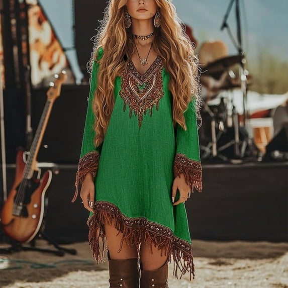 VIWORLD Women's Bohemian Vintage Print Long Sleeve V-Neck Fringe Trim & Asymmetrical High-Low Hem Hippie Maxi Dress Green,L
