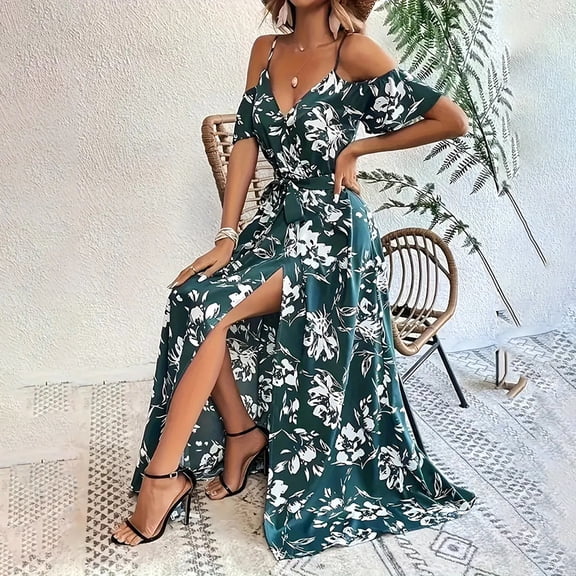 VIWORLD Women's Boho Wedding Guest Dress Off Shoulder Floral Maxi with High Slit Belt Beach Party Long Dress Green，S