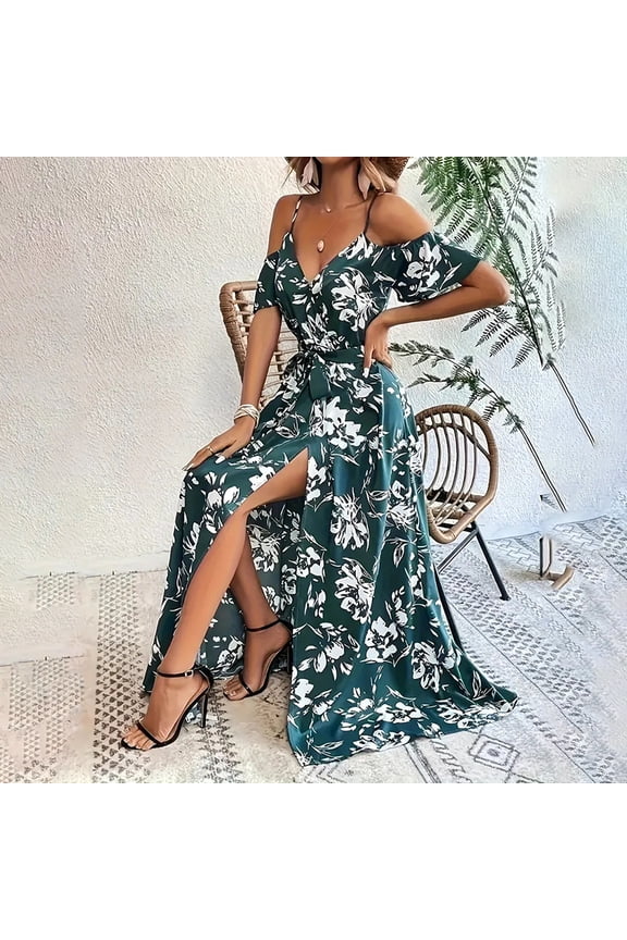 Women's Boho Wedding Guest Dress Off Shoulder Floral Maxi with High Slit Belt Beach Party Long Dress Green，XL