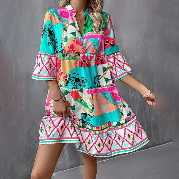 VIWORLD Women's Bold Geometric Print Swing V-Neck 3/4 Sleeve Flowy Midi with Flared Hem Vacation Dress for Summer Green,XXL
