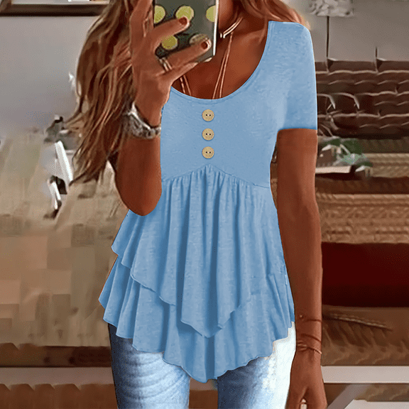 VIWORLD Women's Button-Front Tunic Loose Fit Crew Neck Blouse with Tiered Hem Summer Short Sleeve Shirt Light Blue，XL