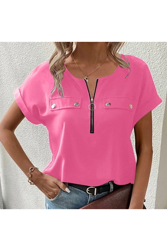 Women's Casual Zip-Front V-Neck Blouse Short Sleeve Solid Color Stretch Work Shirt For Summer Pink,2XL