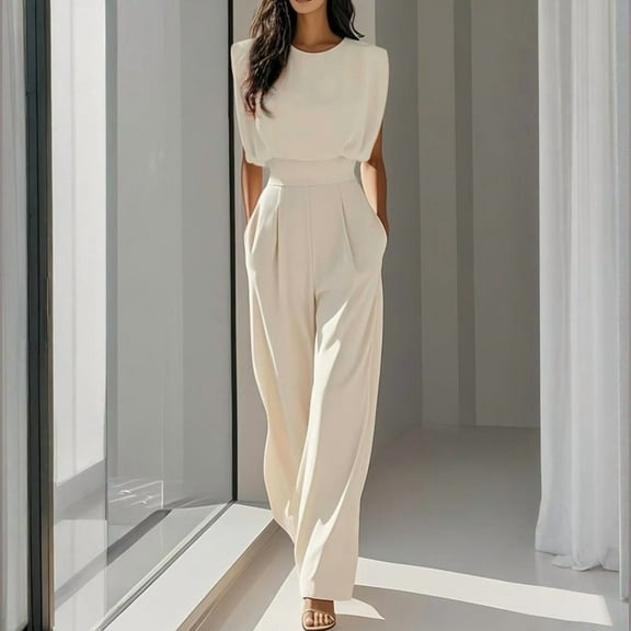 VIWORLD Women's Casual to Office Wear for Spring/Summer/Fall - Solid Color Short Sleeve Jumpsuit Wide Leg Pleated Romper with Pockets Crew Neck