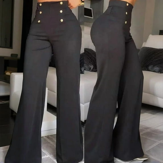 VIWORLD Women's Double-Breasted High Waist Wide Leg Elegant Flared Trousers with Button Detail for Business Black,M