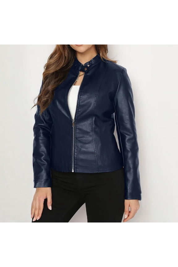 Women's Faux Leather Stand Collar Single Button Zippered Long Sleeve Blazer Edgy Casual for Fall Winter Navy Blue,M