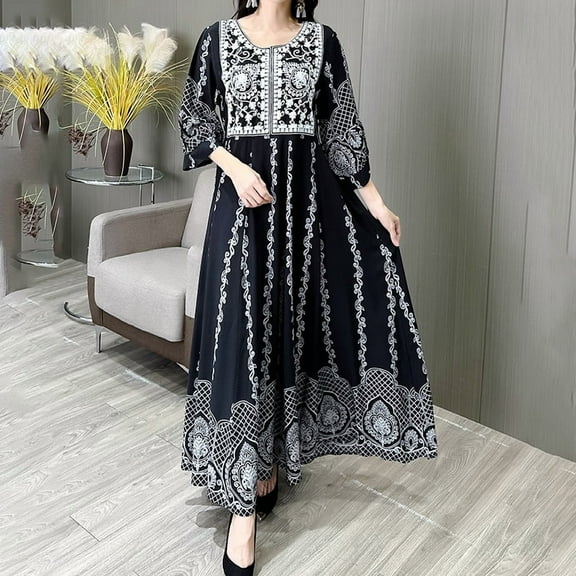 VIWORLD Women's Floral Embroidered Maxi Dress Elegant 3/4 Sleeve Round Neck Dress with Flowy Skirt Adjustable Waist Tie Black，M