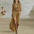 thumbnail image 1 of VIWORLD Women's Lapel Maxi Shirt Dress - Long Sleeve Button Front with Belt & High Slit for Spring & Fall Earthy Yellow，S, 1 of 4