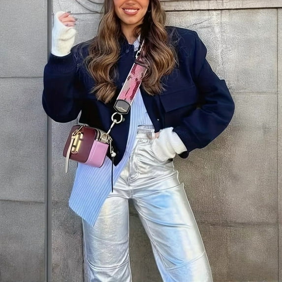 VIWORLD Women's Long Sleeve Baseball Style Button Pockets Casual Short Solid Color Jacket For Spring&Fall Navy Blue,XL