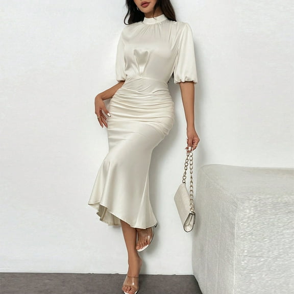 VIWORLD Women's Mock Neck Ruched Bodycon Midi Dress Short Sleeve Slim Fit Clubwear Evening Party Dress Champagne，M