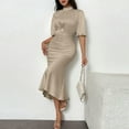 thumbnail image 1 of VIWORLD Women's Mock Neck Ruched Bodycon Midi Dress Short Sleeve Slim Fit Clubwear Evening Party Dress Khaki，S, 1 of 10