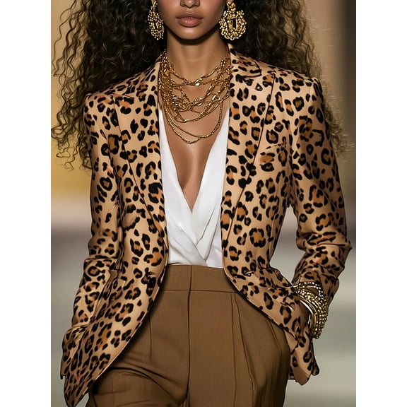 VIWORLD Women's Notch Lapel Long Sleeve Button Leopard Print Blazer Slim Fit for Office & Night Out Khaki，L