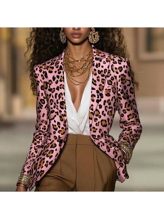 Women's Notch Lapel Long Sleeve Button Leopard Print Blazer Slim Fit for Office & Night Out Pink,M