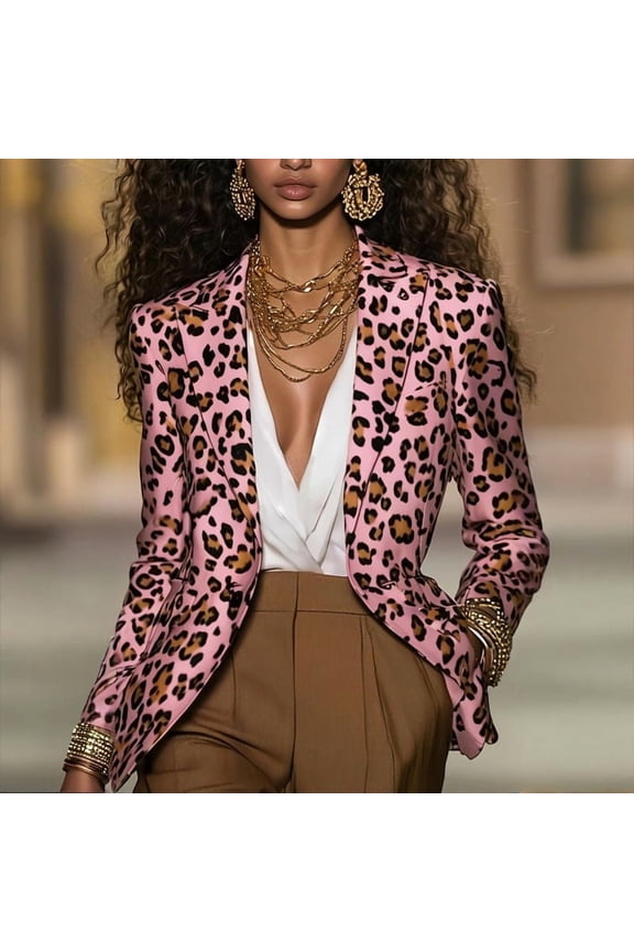 Women's Notch Lapel Long Sleeve Button Leopard Print Blazer Slim Fit for Office & Night Out Pink,M