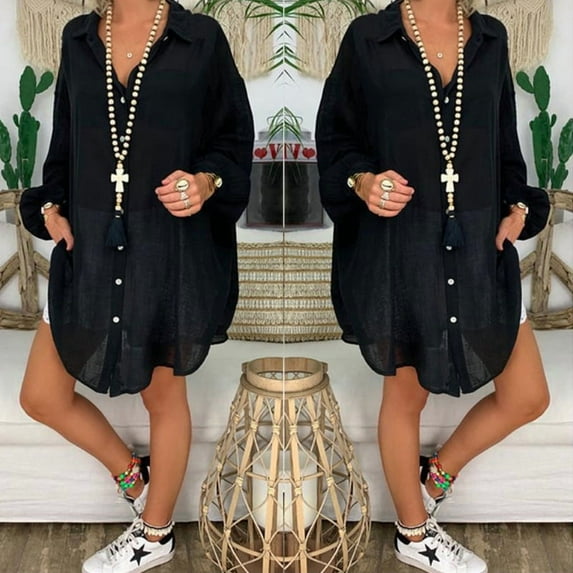 VIWORLD Women's Plus Size Notch Lapel Button Down Midi Dress Long Sleeve Lightweight Shirt Dress for Summer Black,XL