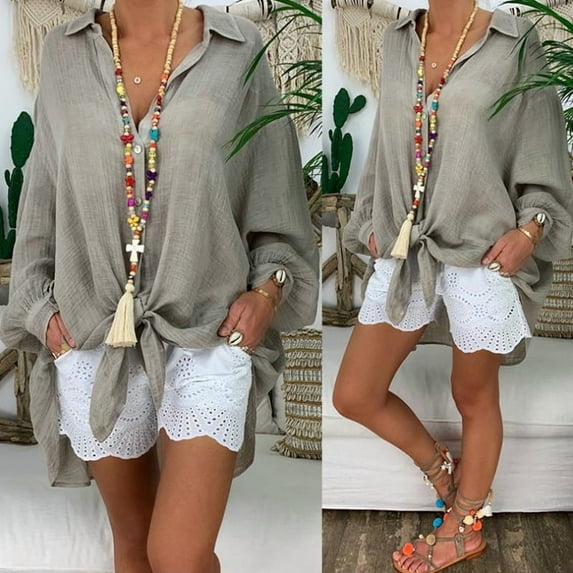 VIWORLD Women's Plus Size Notch Lapel Button Down Midi Dress Long Sleeve Lightweight Shirt Dress for Summer Gray,M