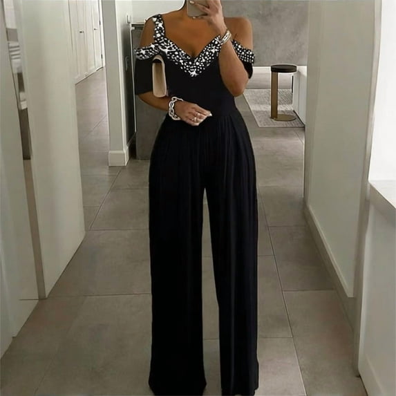 VIWORLD Women's Plus Size Solid Color Sparkling V-Neck Wide Leg Jumpsuit Elegant Beach to Dinner Romper Black,S