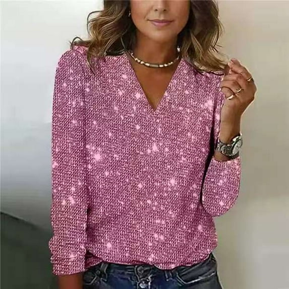 VIWORLD Women's Plus Size Sparkle V-Neck Top - Long Sleeve Glitter Blouse for Office & Casual Wear Pink,3XL