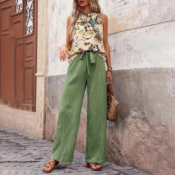 VIWORLD Women's Printed 2-Piece Outfit Sleeveless Halter Top Wide Leg Trousers Set Summer Casual Streetwear Green C，M