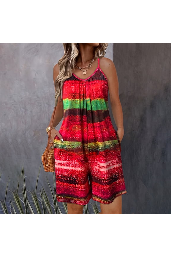 Women's Sleeveless Jumpsuit with Pockets Off-Shoulder Casual Beach Shorts Jumpsuit for Spring Summer Red,2XL