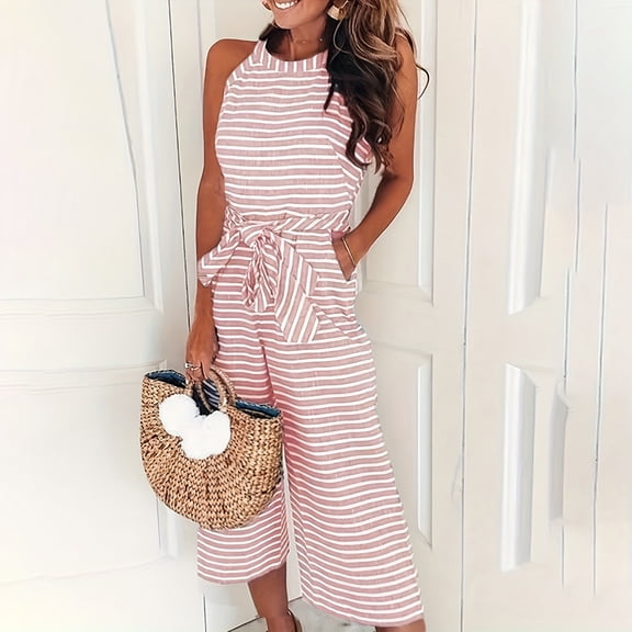 VIWORLD Women's Sleeveless Wide-Leg Jumpsuit with Bow Belt - Striped Print Beach Romper Summer Outfit Pink，XL