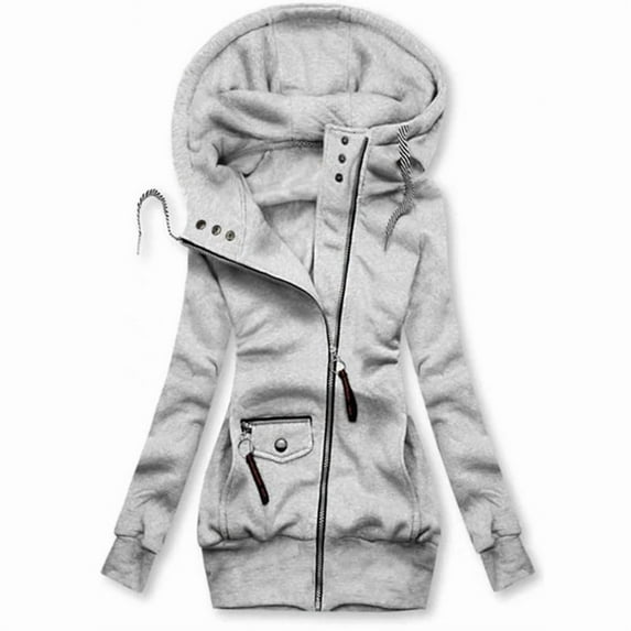 VIWORLD Women's Slim-Fit Zip Jacket with Drawstring Long Sleeve Hooded Coat with Pockets for Spring and Fall Gray White,2XL