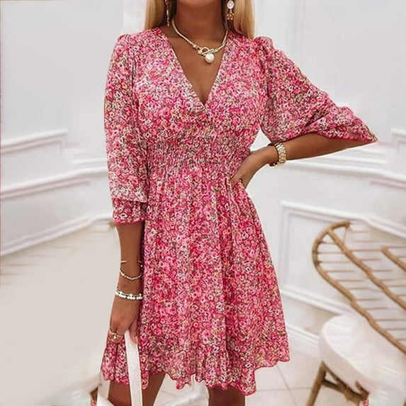 VIWORLD Women's Smocked Waist Floral Dress - V-Neck Flowy Sundress for Casual Outdoor & Special Occasions Red,S