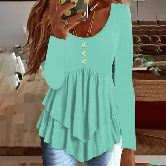 VIWORLD Women's Solid Color Button Down Long Sleeve Round Neck Shirt with Ruffle Detail Casual Comfort Blouse Green，S
