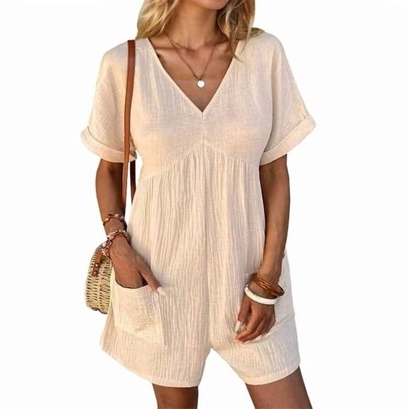 VIWORLD Women's Solid Color Casual Short Sleeve Romper, V-Neck Summer Jumpsuit with Pockets Apricot,L