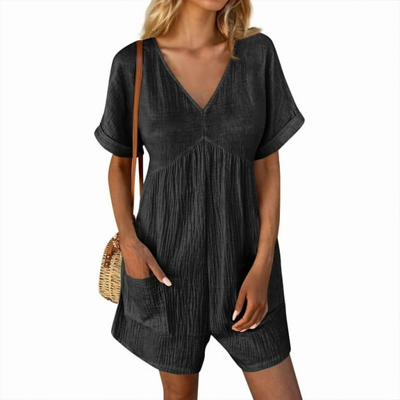 VIWORLD Women's Solid Color Casual Short Sleeve Romper, V-Neck Summer Jumpsuit with Pockets Black，L