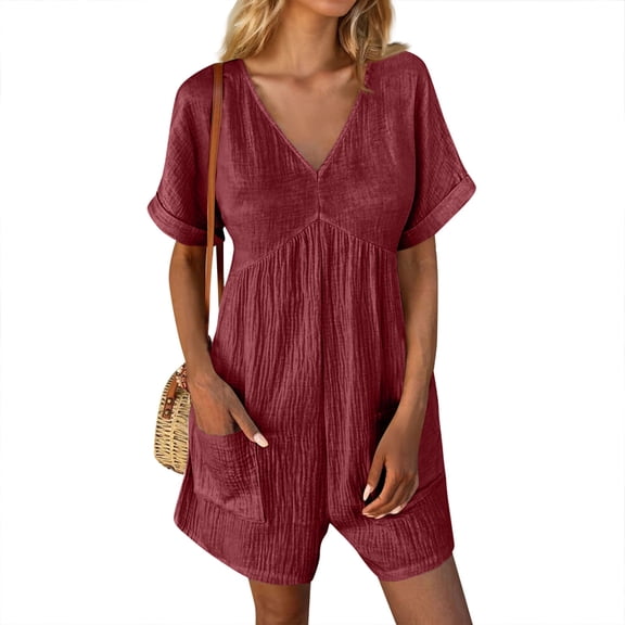 VIWORLD Women's Solid Color Casual Short Sleeve Romper, V-Neck Summer Jumpsuit with Pockets Wine Red，XL