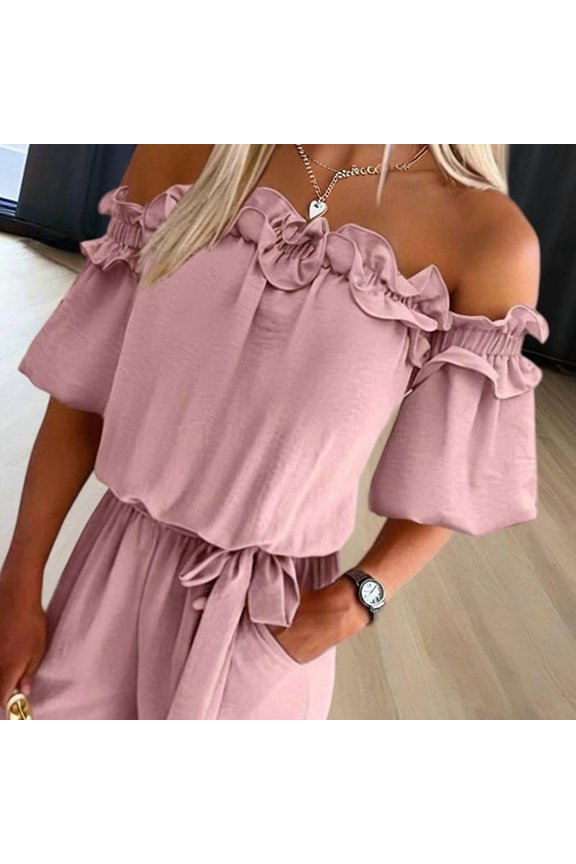 Women's Solid Color Elegant Off-Shoulder Jumpsuit with Ruffle Sleeves & Tie-Waist – Summer Casual Wide-Leg Romper