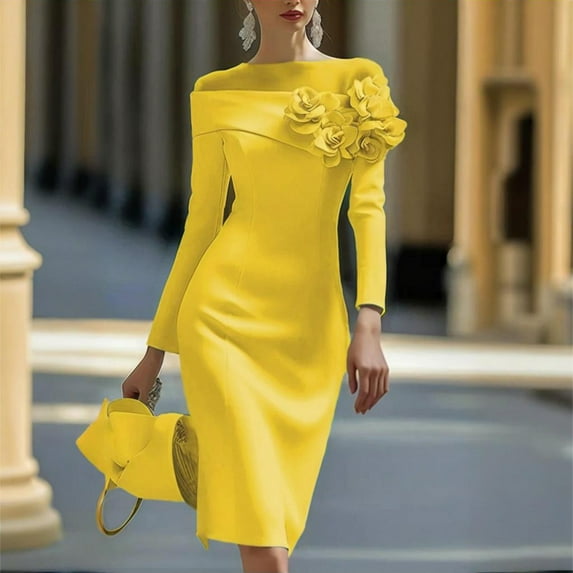 VIWORLD Women's Solid Color Floral Embellished Long Sleeve A-Line Bodycon Dress for Weddings & Vacation Yellow S