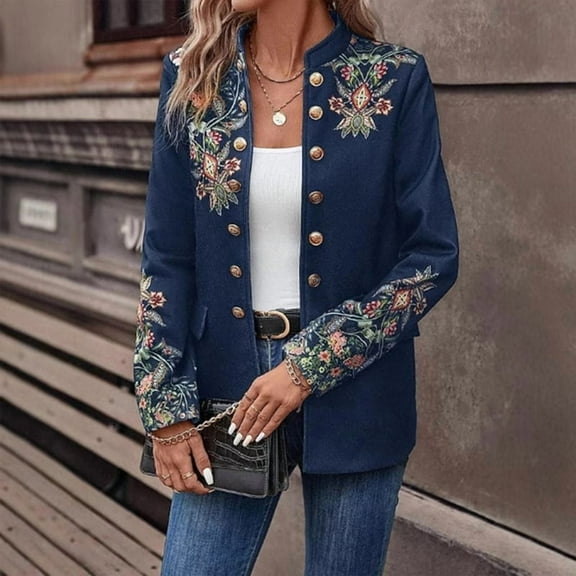 VIWORLD Women's Solid Color Floral Print Double-Breasted Blazer Jacket Stand Collar Office Vintage Style Top Navy Blue S