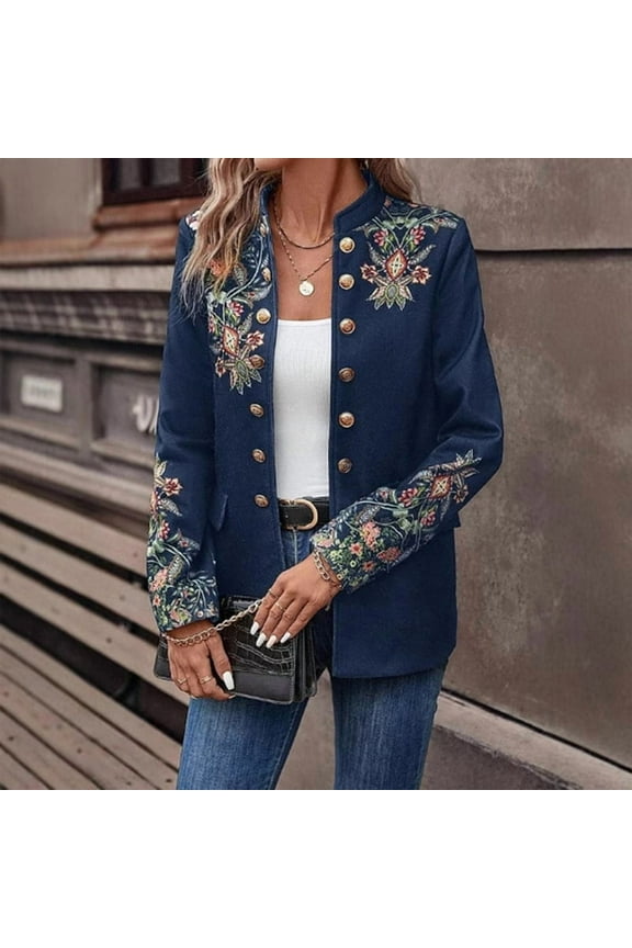 Women's Solid Color Floral Print Double-Breasted Blazer Jacket Stand Collar Office Vintage Style Top Navy Blue S