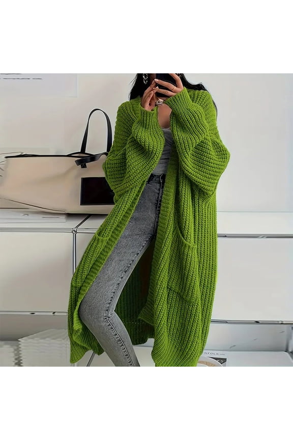 Women's Solid Color Loose Knit Duster Cardigan - Plus Size Open Front Long Sweater with Pockets Green,L