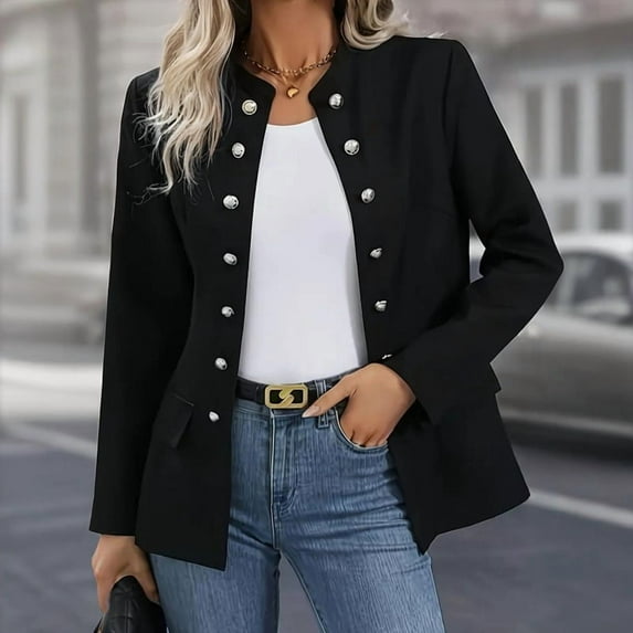 VIWORLD Women's Solid Color Stand Collar Double Breasted Long Sleeve Blazer Cardigan Office Casual Jacket For Spring&Fall