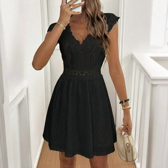 VIWORLD Women's Solid Color V-Neck Lace Trim & Ruffle Dress - Sexy Geometric Print Short Sleeve Summer Dress