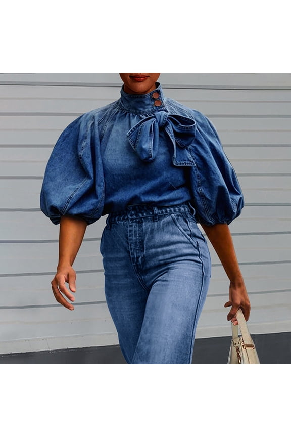 Women's Spring & Fall Denim Style Blouse - Puff Sleeve Design with Stand Collar & Bow Detail Dark Blue,L