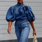 VIWORLD Womens Spring & Fall Denim Style Blouse - Puff Sleeve Design with Stand Collar & Bow Detail Dark Blue S