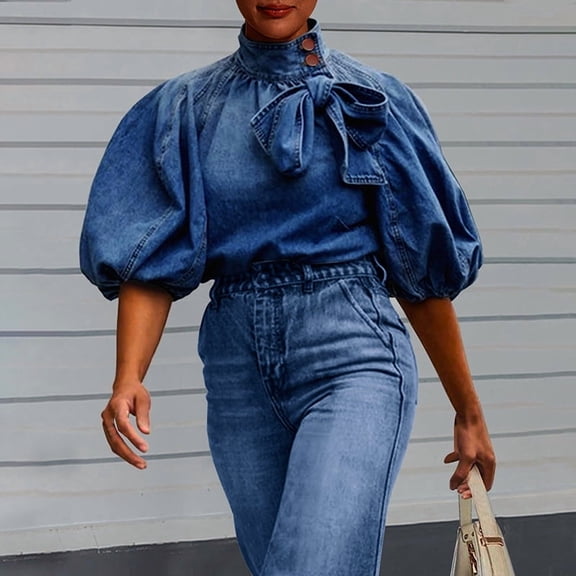 VIWORLD Women's Spring & Fall Denim Style Blouse - Puff Sleeve Design with Stand Collar & Bow Detail Dark Blue,S
